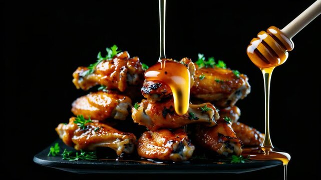 Fork holding grilled chicken wings smothered in sauce. Stick with honey. Presented against a dark background.