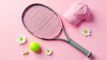 Tennis racket with ball, cap and daisy flowers on pink background