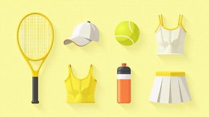 Tennis activity icons set. Racket, ball, sportswear and water bottle on yellow background