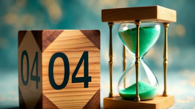 Handcrafted wooden cube with an hourglass containing sand. The flow of time. Artistic colors.