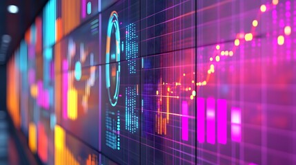 Data Visualization: A modern digital display showcases intricate data analysis, charts, and graphs in an office setting, highlighting the dynamic world of finance, science, and technology.