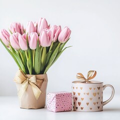 Fototapeta premium Pink tulips bouquet with gift box and heart patterned mug