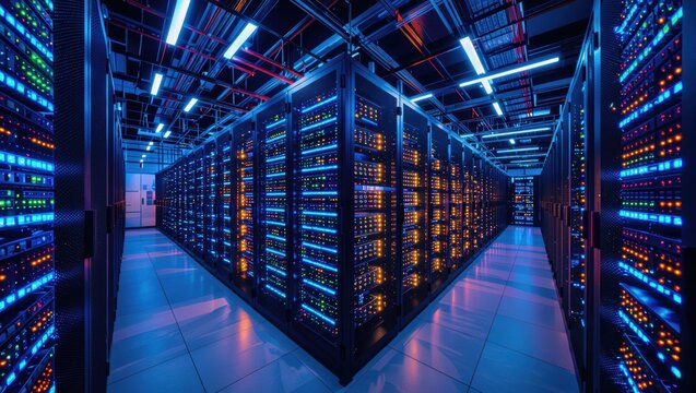 A futuristic data center filled with illuminated server racks, showcasing a vibrant interplay of blue and orange lighting in a high-tech environment.