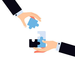 Biznesowa synergia i współpraca - dłonie łączące elementy puzzli, wektorowa ilustracja symbolizująca partnerstwo, rozwiązywanie problemów i strategiczne dopasowanie w biznesie