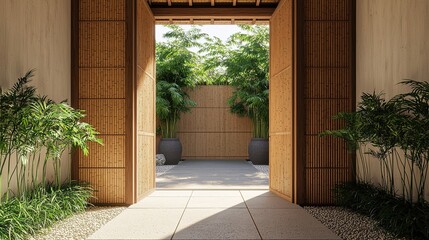 Tranquil bamboo garden pathway elegant japanese retreat landscape serene environment wide view nature concept