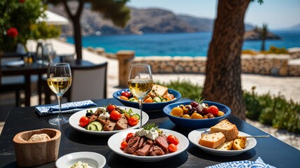 Outdoor summer lunch with traditional Greek food at blue sea view restaurant.