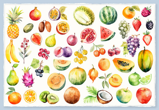 Vector watercolor painted style - fresh fruits clipart isolated on white background.