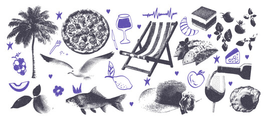 Mediterranean summer photocopy collage with grunge doodle scribbles collection. Elements pizza, fish, cheese, tomato, lemon, wine, seagull, beach lounger. Modern retro vector illustration.