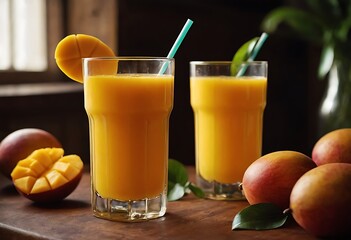 Fresh delicious mango juice smoothie in a glass on table background