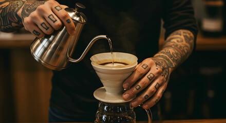 Barista with tattoos pours coffee from a gooseneck kettle into a pour over device creating a perfect cup