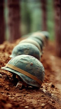 Line of camouflaged combat helmets on sandy soil in a forest setting depicting military preparation and sacrifice.