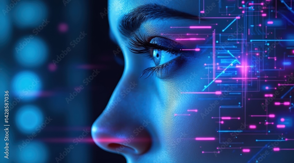 Poster a close-up of a human eye with digital elements, emphasizing technology and artificial intelligence 