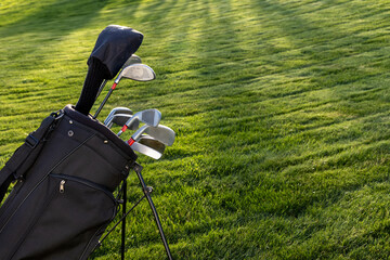Spring sun on set of golf clubs with background of thick green grass