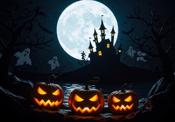 Three Lighted Pumpkins Before a Spooky Castle Under a Full Moon