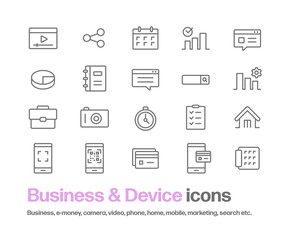 ビジネスとデバイスのアイコンセット。電子マネー,クレジットカード,分析,検索等のシンプルアイコン
