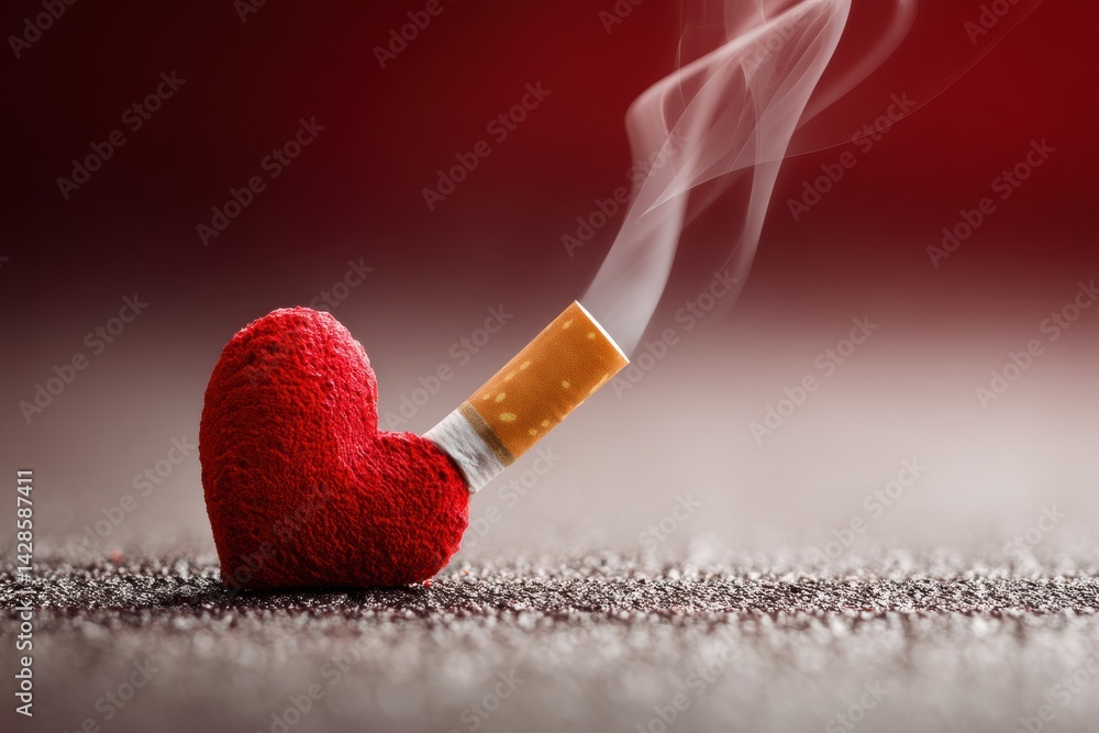 Poster cigarette stub pressed into a red heart symbolizing health destruction and the impact of smoking on 