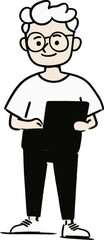 Obraz premium Young man with glasses holding a tablet in a casual setting cartoon isolated on transparent background. Vector illustration.