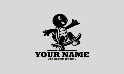 Whimsical monochromatic illustration of a cheerful turtle riding a skateboard with dynamic motion trails indicating speed. turtle a skateboard vector logo design