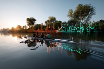 Rowing Team on Calm Water with Digital Data Overlay Background