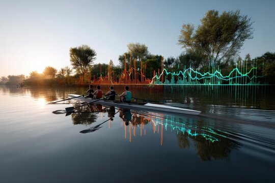 Rowing Team on Calm Water with Digital Data Overlay Background