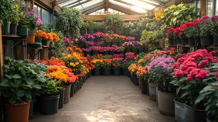 Vibrant Greenhouse: A Colorful Array of Blooming Flowers