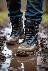 Black work boots in mud puddle close-up. Muddy footwear, wet dirty boots. Person, man walking through trail in rainy weather. Heavy boots with dirt