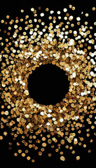 Gold glitter sequins with a circle on a black background. Luxurious photo background of a disco, celebration, anniversary, graduation, birthday with a pattern, confetti, sparkles. Abstract magic frame