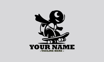 Whimsical monochromatic illustration of a cheerful turtle riding a skateboard with dynamic motion trails indicating speed. turtle a skateboard vector logo design