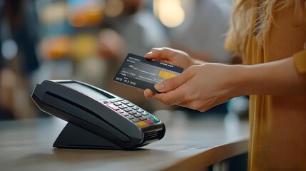Contactless Payment: A close-up shot of a person using contactless payment technology, tapping a credit card on a payment terminal.