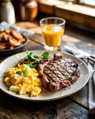 Breakfast served with steak, scrambled eggs, and orange juice in a rustic cafe setting