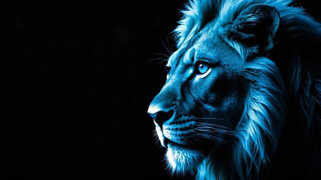 Black and white lion with blue eyes