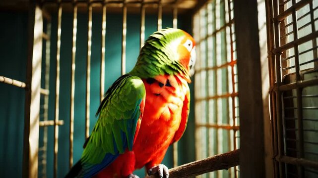 Lorius garrulus kept in a cage.