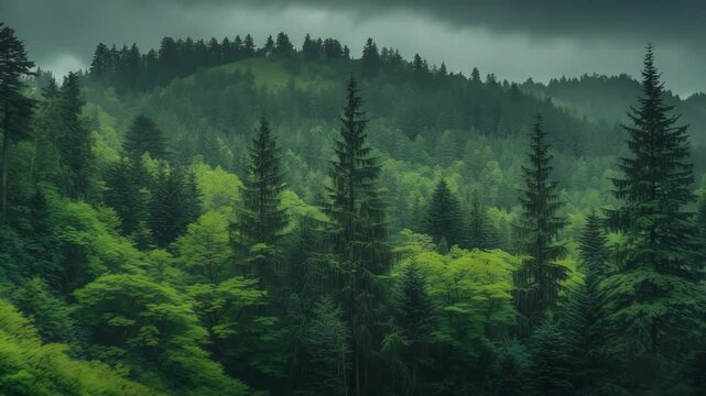 Vibrant green pine tree forest flourishing on the mountainside, a woodland of trees. Green pine forest undergoing rainfall. Close-up view of towering pine trees in hilly park.