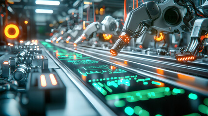 Fototapeta premium A futuristic assembly line featuring robotic arms and illuminated displays, showcasing advanced automation technology in a high-tech environment.