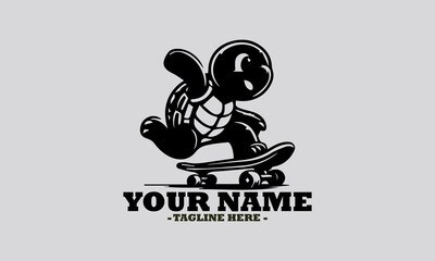Whimsical monochromatic illustration of a cheerful turtle riding a skateboard with dynamic motion trails indicating speed. turtle a skateboard vector logo design