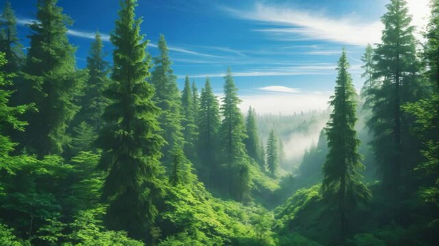 Breathtaking panoramic view of the forest against a beautiful blue sky. The allure of wilderness. Serenity.