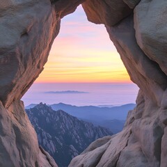 Majestic Sunrise View Framed by a Natural Rock Archway Overlooking Serene Mountain Ranges and Misty Valley