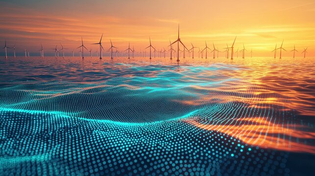 Floating wind turbines in turquoise hologram