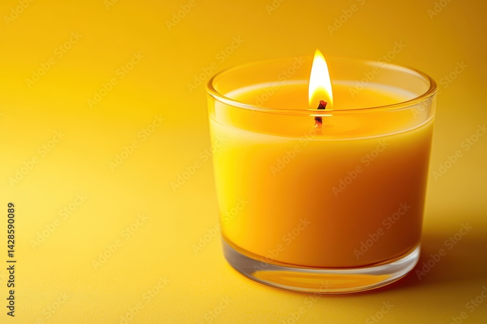 Poster bright yellow candle with a glowing flame placed against a vivid yellow background creates a warm an