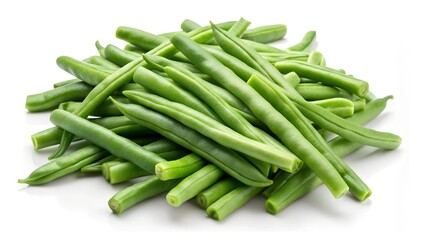 Obraz premium A heap of fresh green beans on a white background, ready to cook