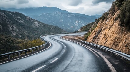 A freshly paved highway in a mountainous landscape, with guardrails curving along steep slopes.