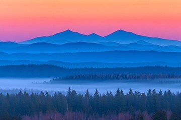 Serene Layers of Blue Mountains at Sunrise A Misty Forest Landscape