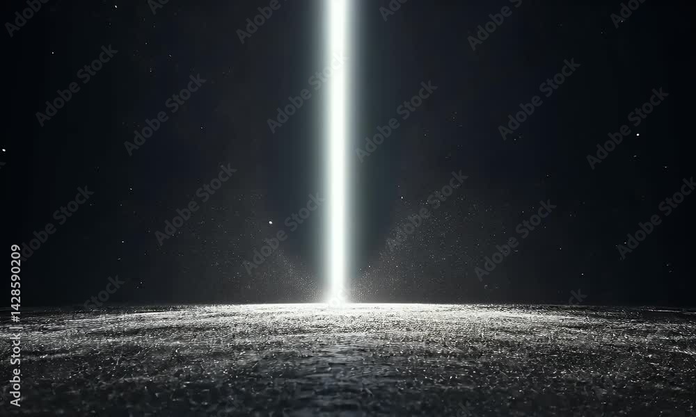 Poster a beam of light shines on the ground, with a black background and particles floating in front of it.