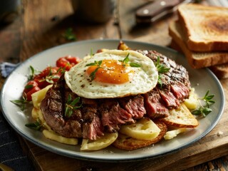 Juicy steak served with egg and crispy potatoes on a rustic wooden table in a cozy setting