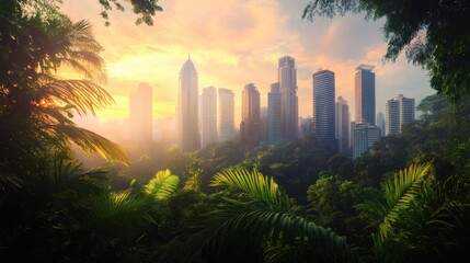 Sunrise over a modern metropolis framed by lush tropical foliage.
