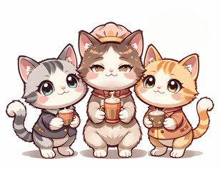 Obraz premium A charming cartoon illustration of three playful kittens in barista outfits, holding steaming cups.