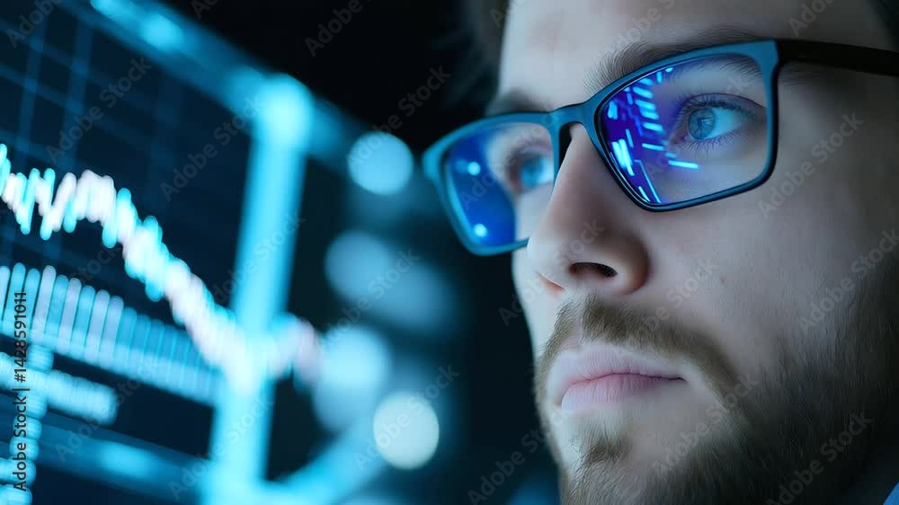 Poster a professional trader examines bar graphs and market indicators on a computer screen, planning the n