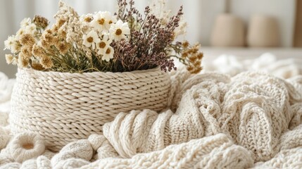 Still life of dried flowers in a woven basket, with a thick knit blanket. For blog posts on home decor, interior design, and cozy living themes.