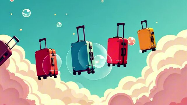 Colorful suitcases float through a dreamy cloudscape, surrounded by bubbles, showcasing a whimsical journey, with a gradual zoom out revealing the enchanting scene