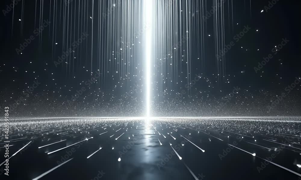 Poster a beam of light shines on the ground, with a black background and particles floating in front of it.